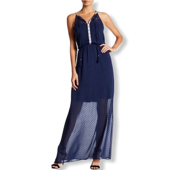 Daniel Rainn Navy Swiss Dot Keyhole Sleeveless Ribbon Trim Maxi Dress size M - Picture 1 of 16